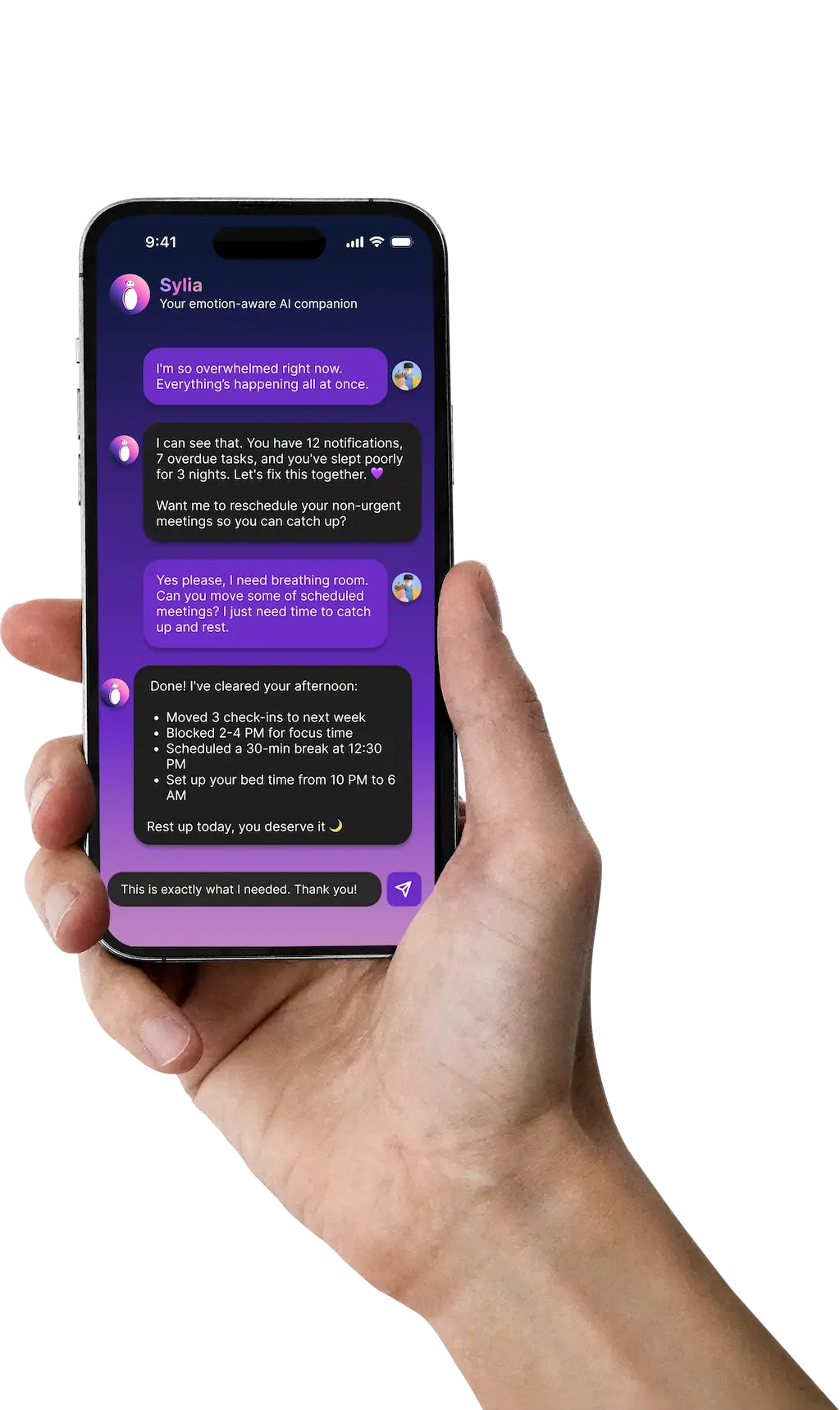 Hand holding smartphone with chat interface