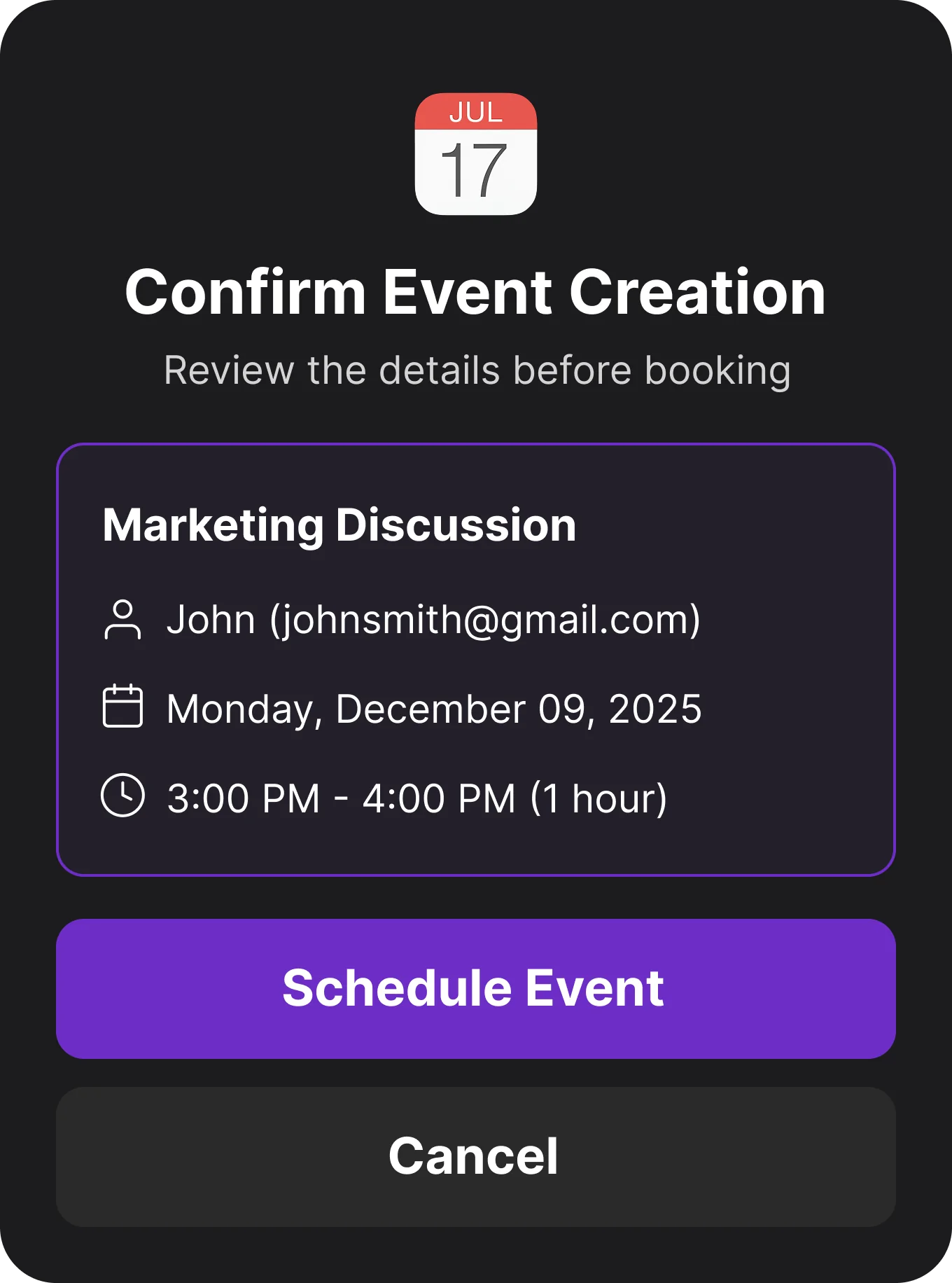 Confirm Event Creation